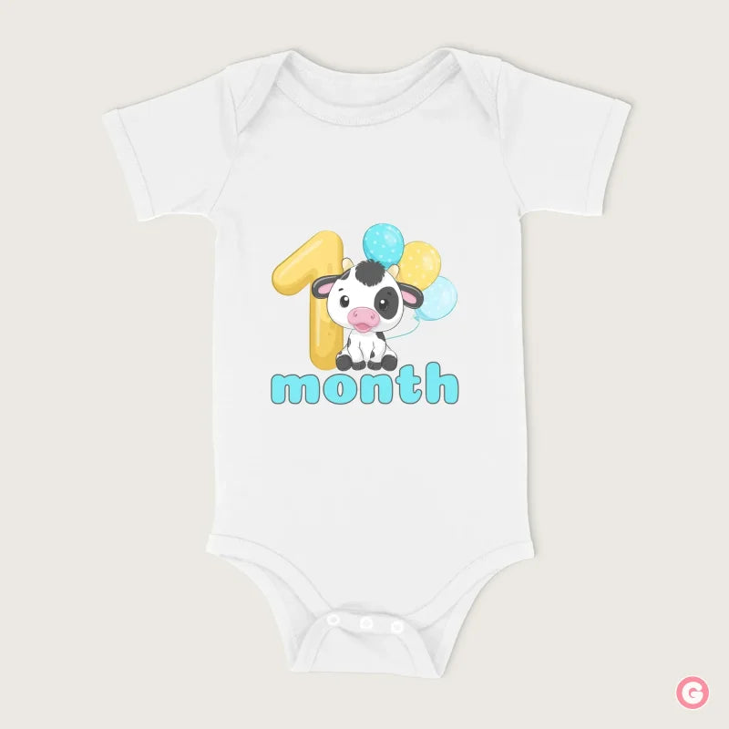1 Month Cow Design Cotton Baby Onesie - 0-3 M