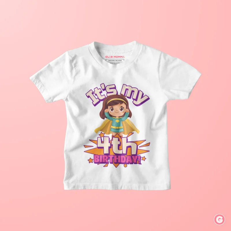 4th Birthday Super Girl Cotton T-shirt - Kids Tshirt