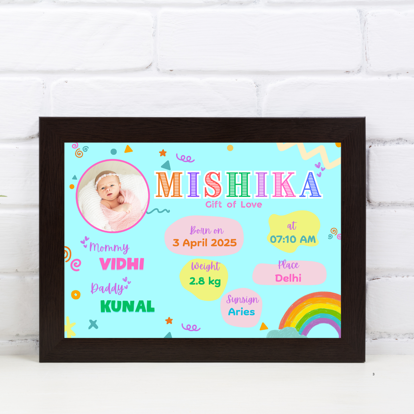 Baby Birth Detail Personalised Wall Art (Frame) | Rainbow Theme
