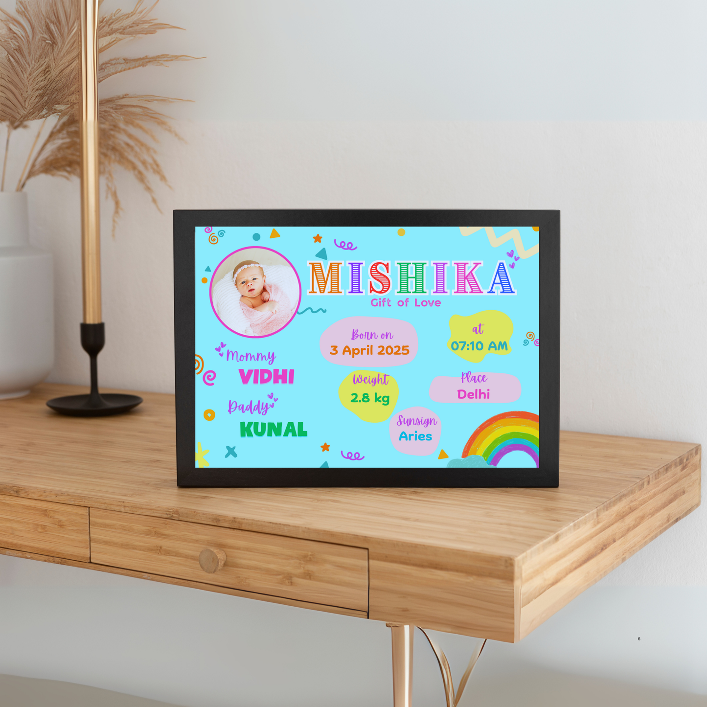 Baby Birth Detail Personalised Wall Art (Frame) | Rainbow Theme