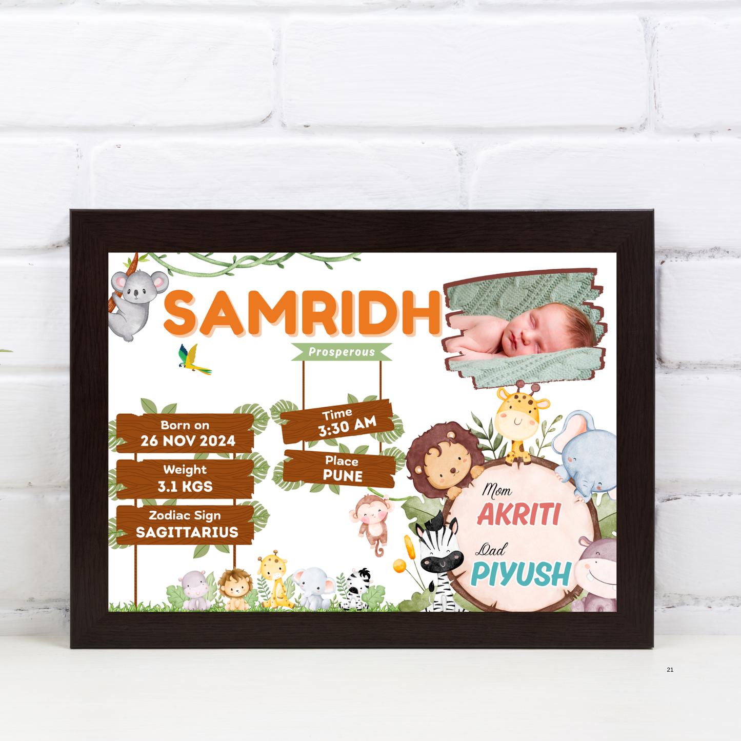 Baby Birth Detail Personalised Wall Art (Frame) | Jungle Theme