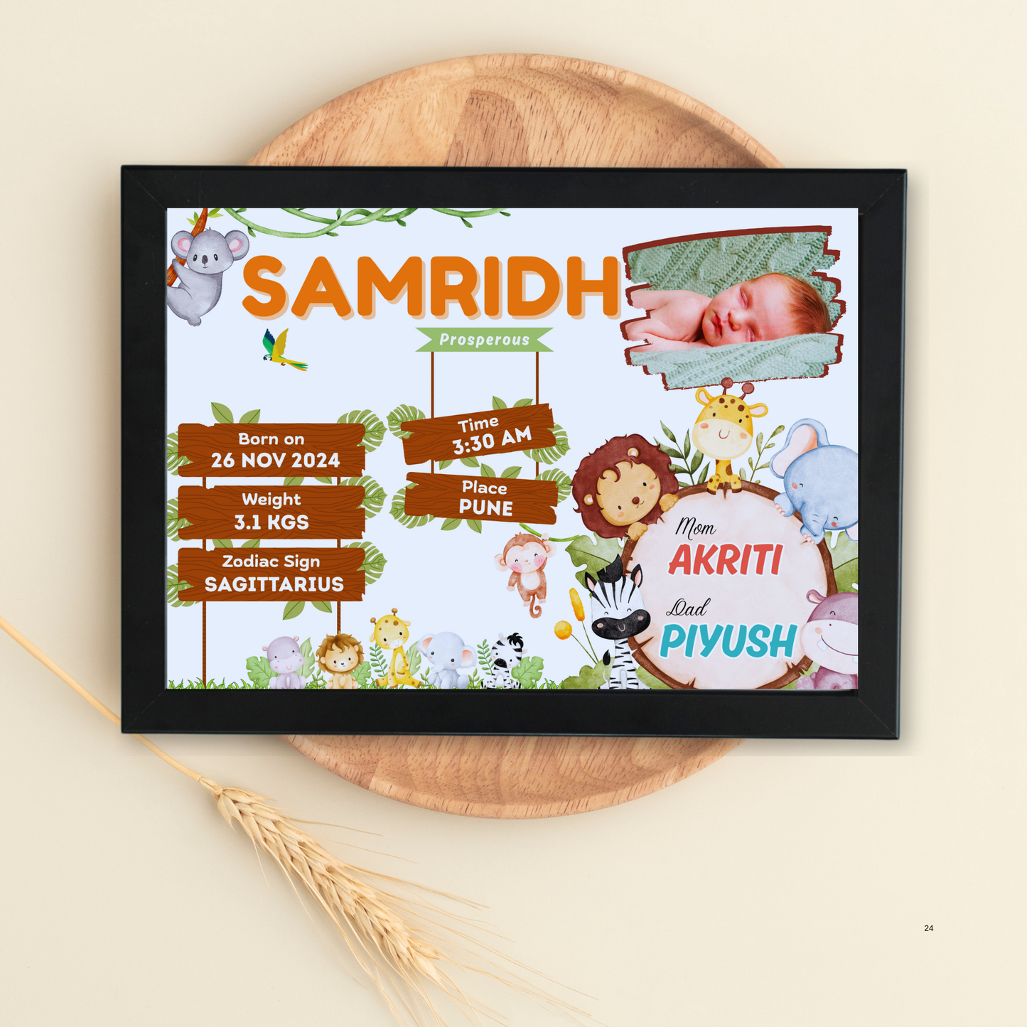 Baby Birth Detail Personalised Wall Art (Frame) | Jungle Theme
