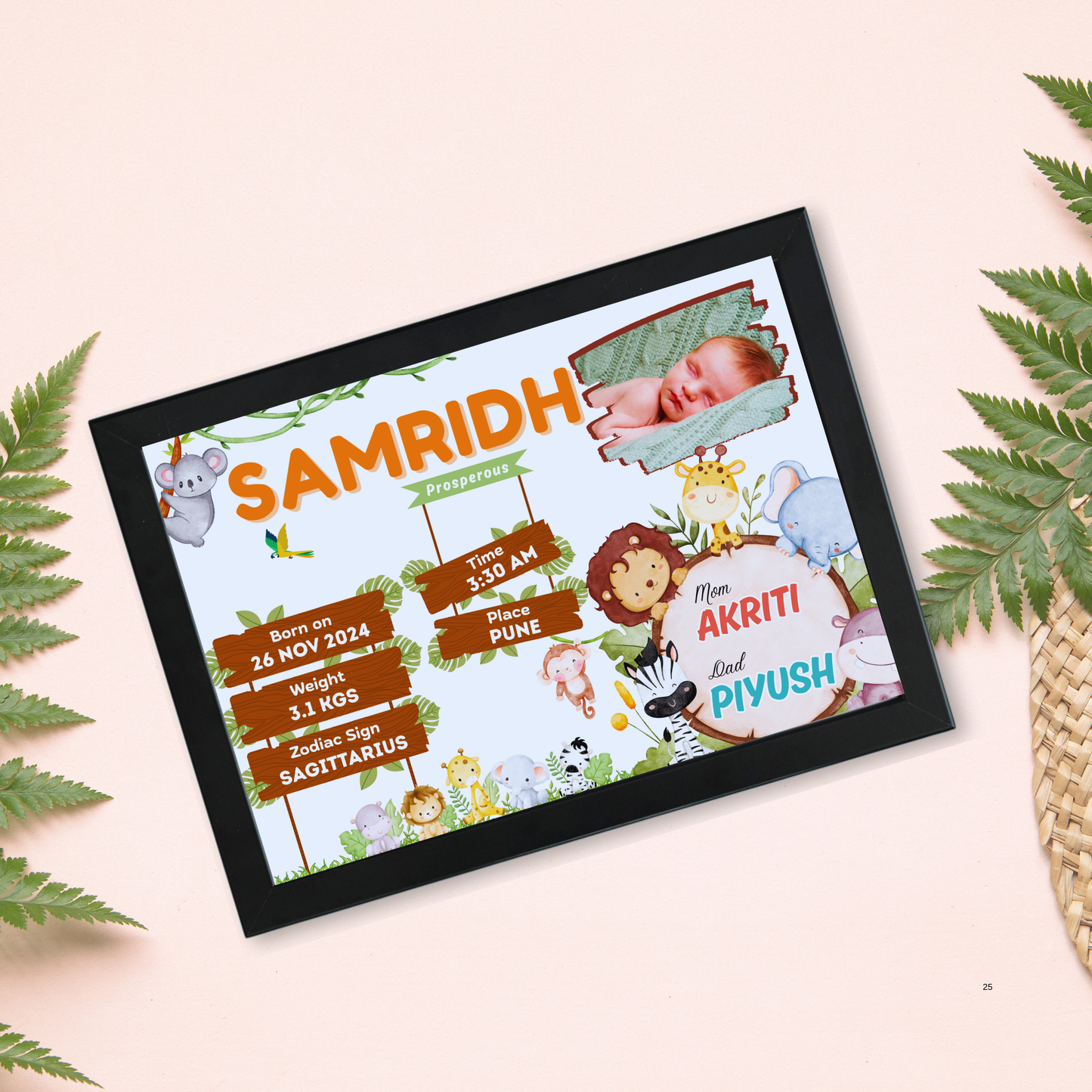 Baby Birth Detail Personalised Wall Art (Frame) | Jungle Theme