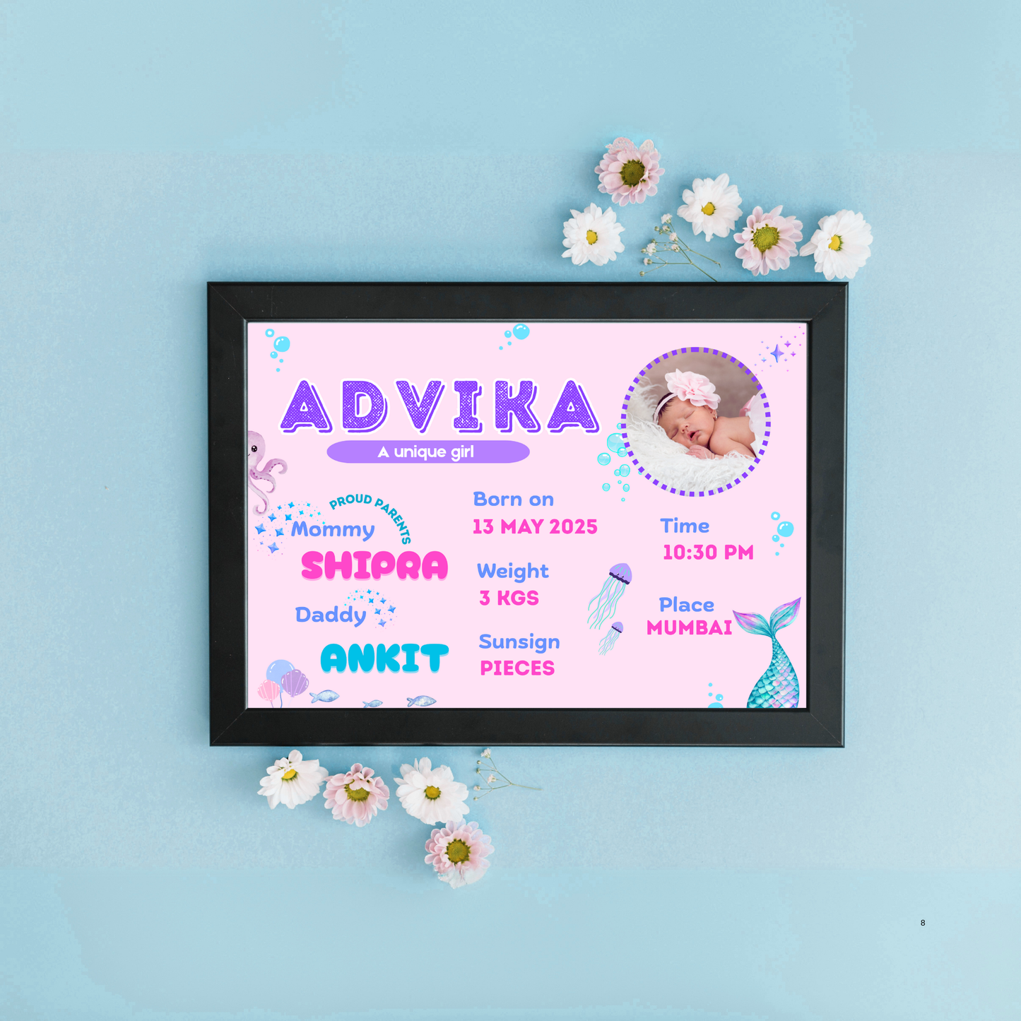 Baby Birth Detail Personalised Wall Art (Frame) | Under The Ocean