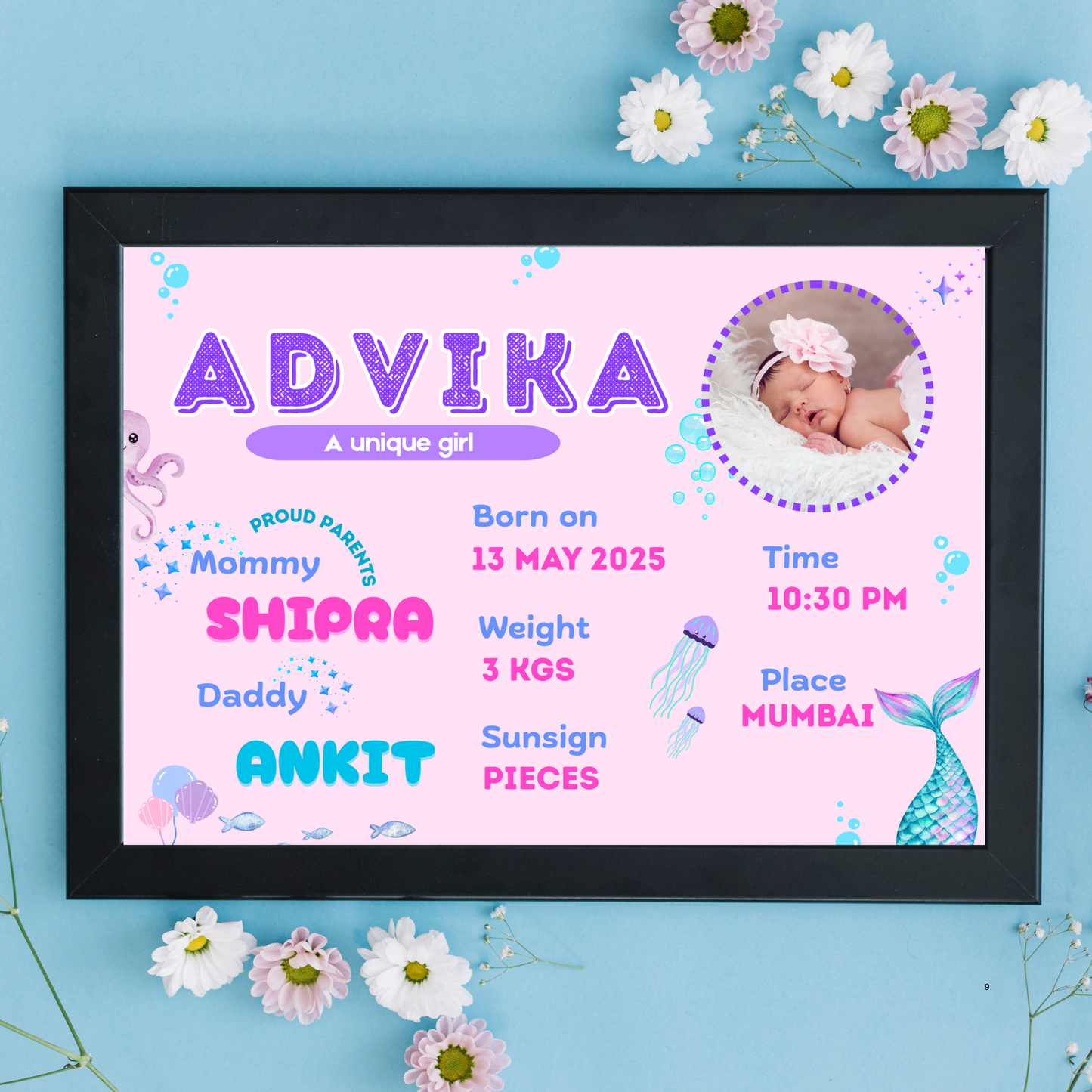 Baby Birth Detail Personalised Wall Art (Frame) | Under The Ocean