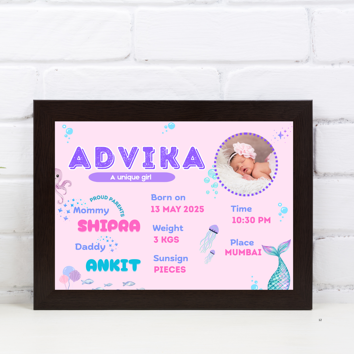 Baby Birth Detail Personalised Wall Art (Frame) | Under The Ocean