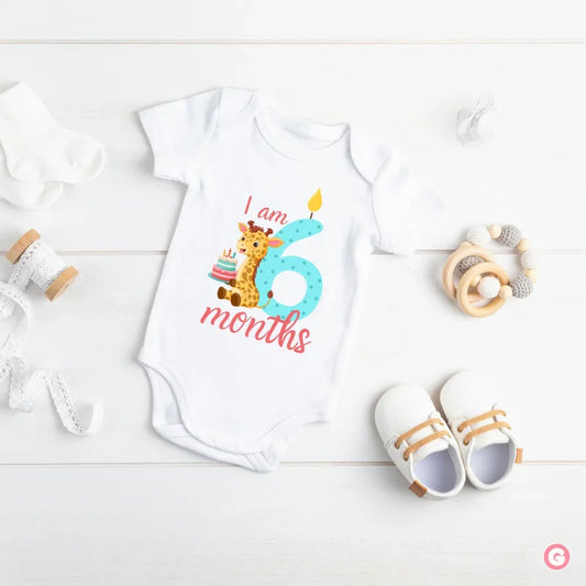 I am 6 Months with Giraffe Print Half-Birthday Baby Onesie