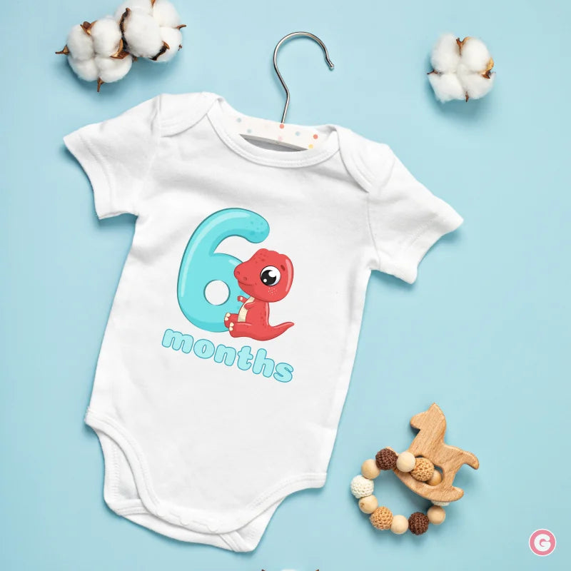 Monthly Birthday Cotton Baby Onesies - Dinosaur - 6 Months - Onesie