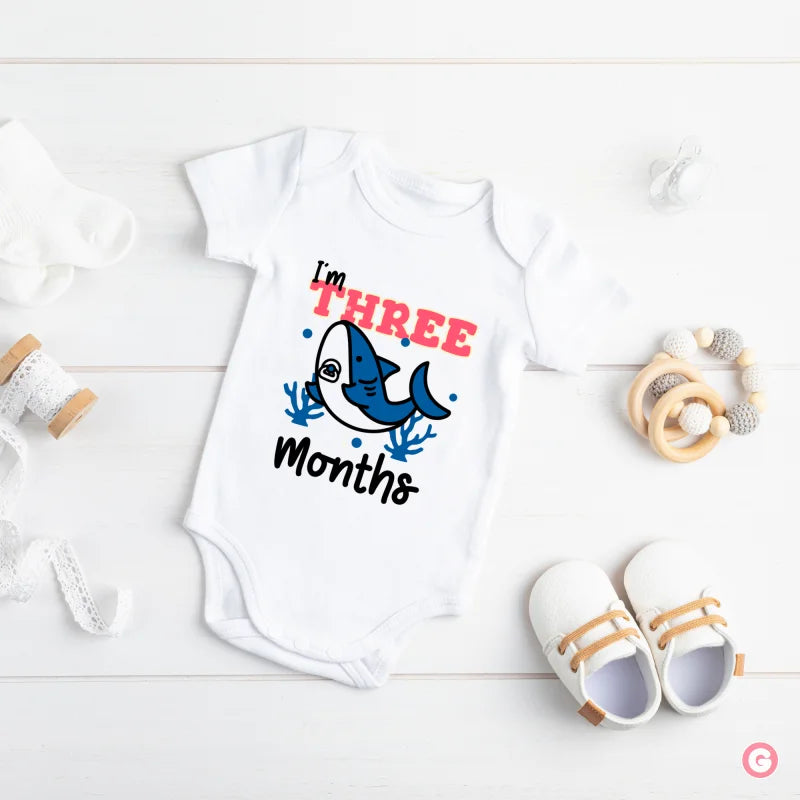 Three Months Shark Design Cotton Baby Onesie
