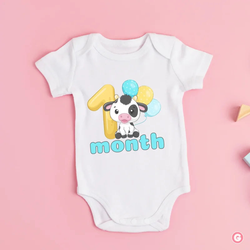 1 Month Cow Design Cotton Baby Onesie - 0-3 M