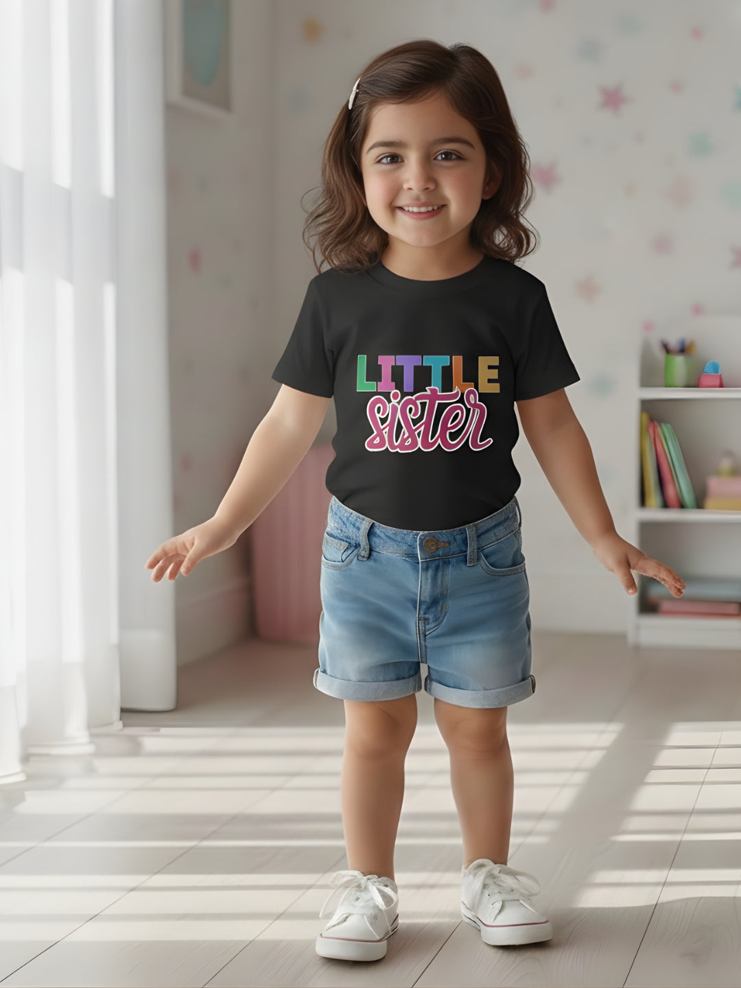 Little Sister Typography Cotton T-Shirt for Kids