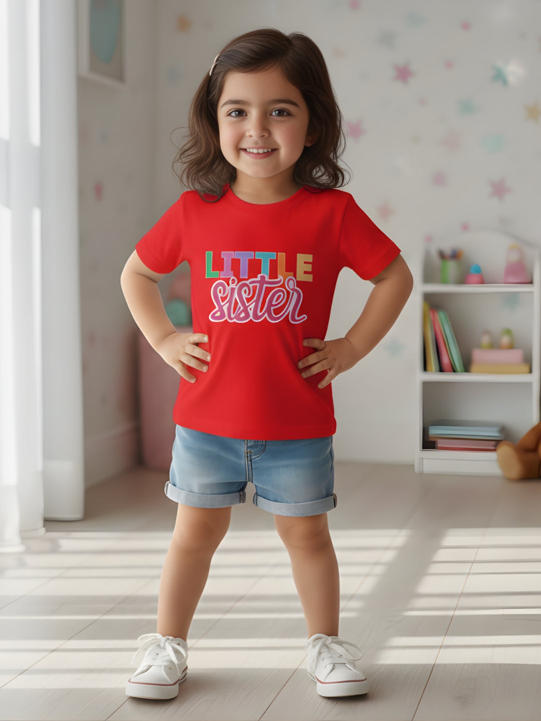 Little Sister Typography Cotton T-Shirt for Kids