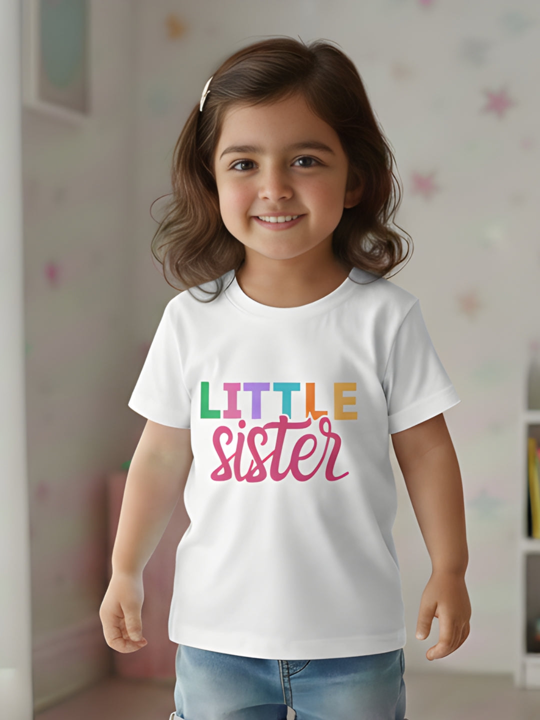 Little Sister Typography Cotton T-Shirt for Kids