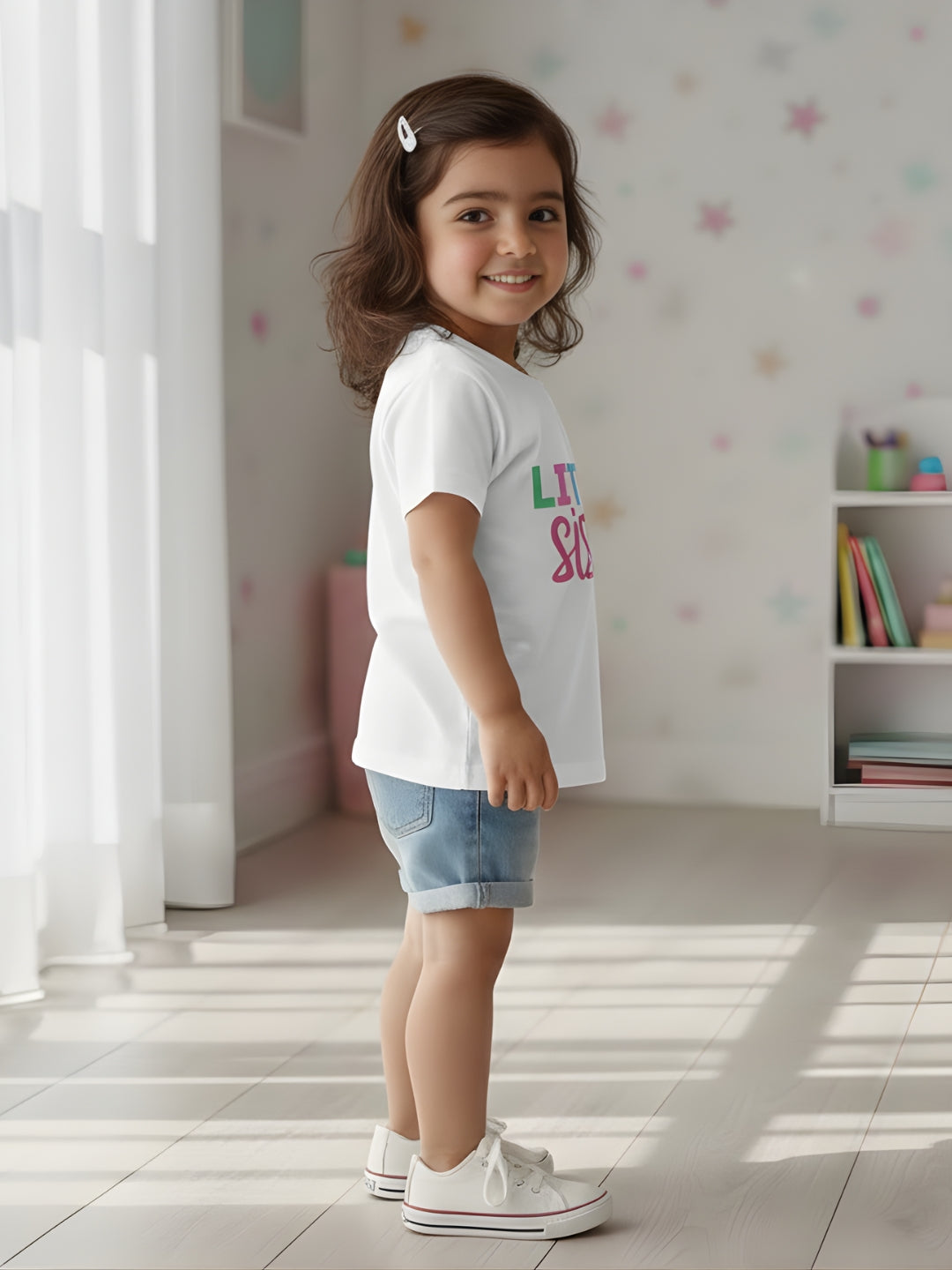 Little Sister Typography Cotton T-Shirt for Kids