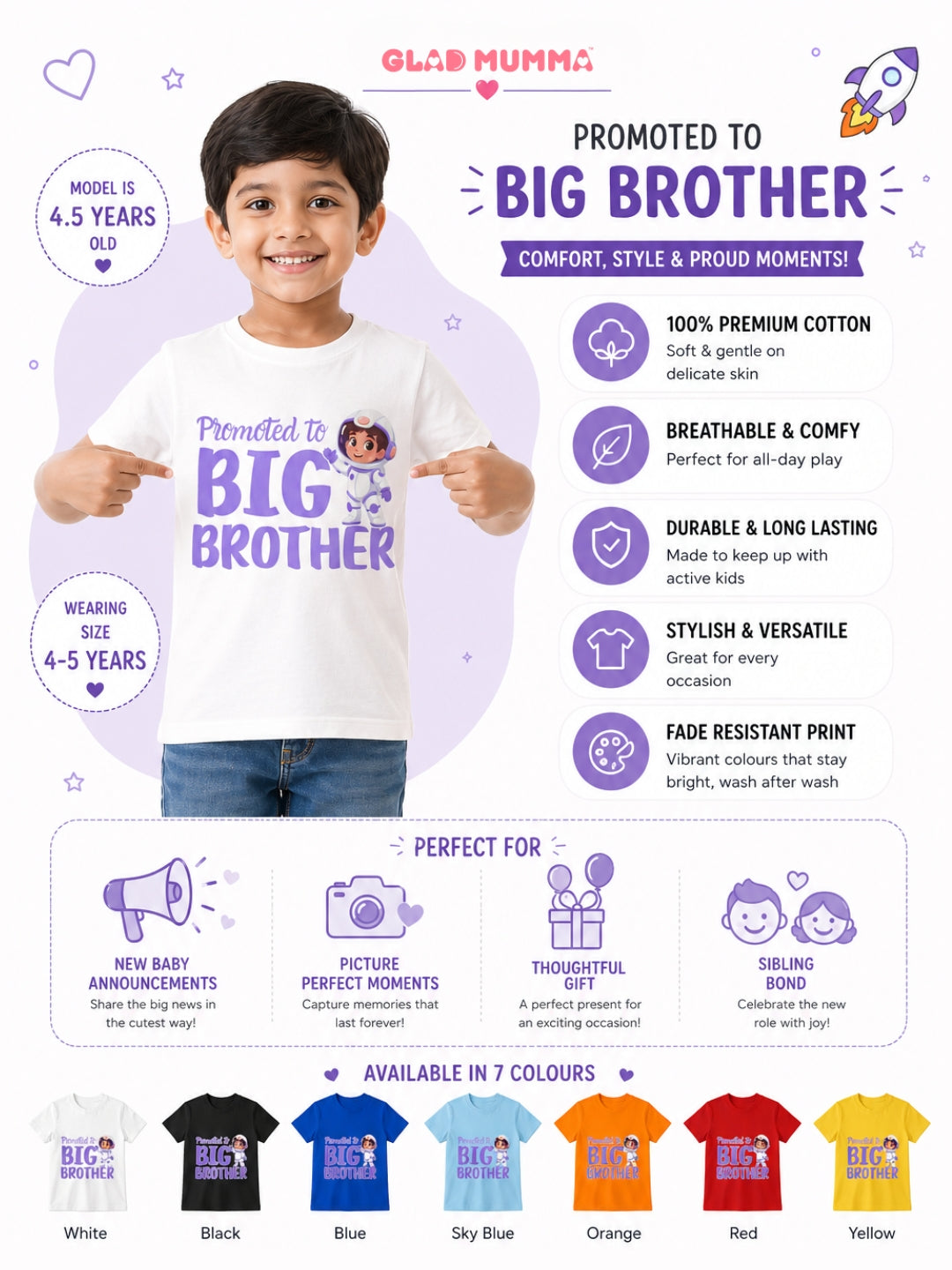 Promoted to Big Brother Astronaut Cotton T-Shirt for Kids