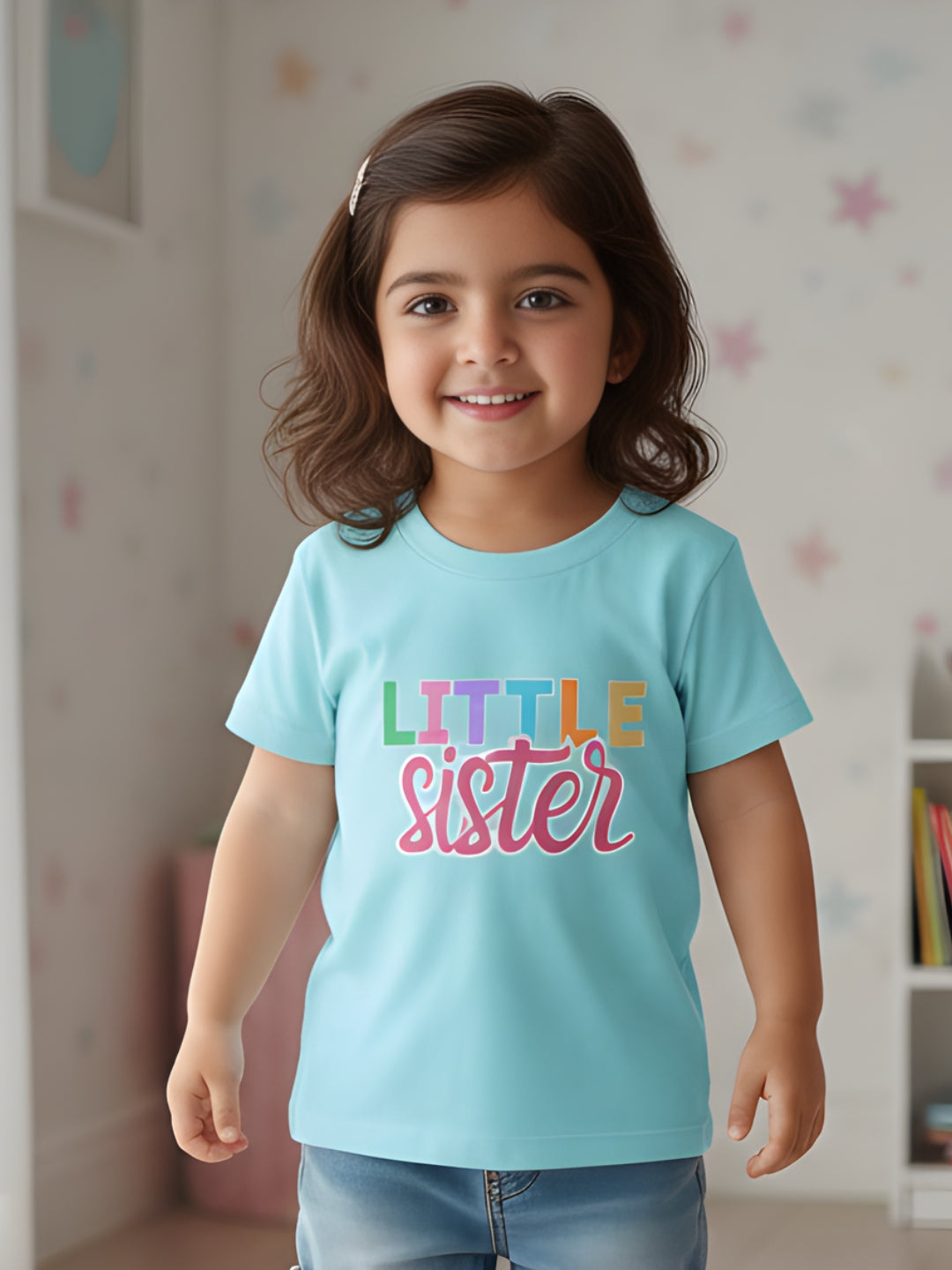 Little Sister Typography Cotton T-Shirt for Kids