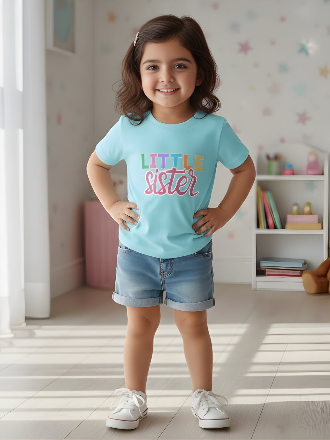Little Sister Typography Cotton T-Shirt for Kids