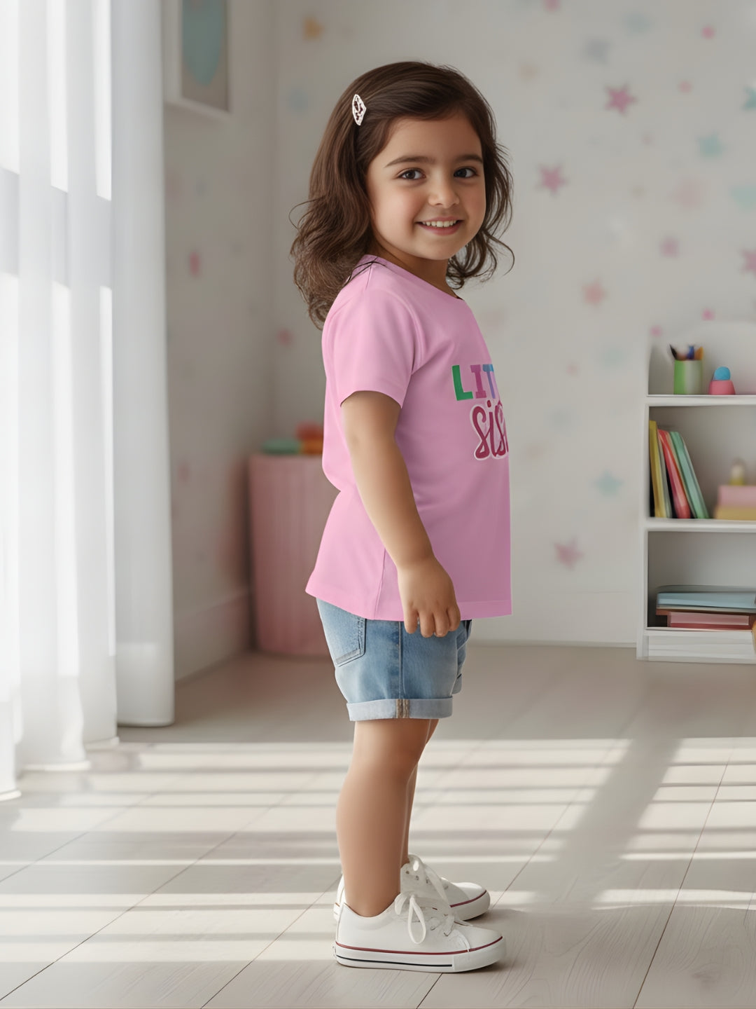 Little Sister Typography Cotton T-Shirt for Kids