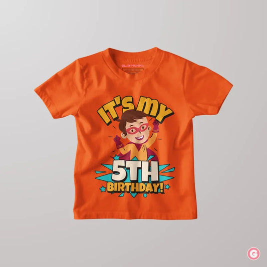 5th Birthday Superhero Kids Cotton T-Shirt - 4-5 Y / Orange - Tshirt