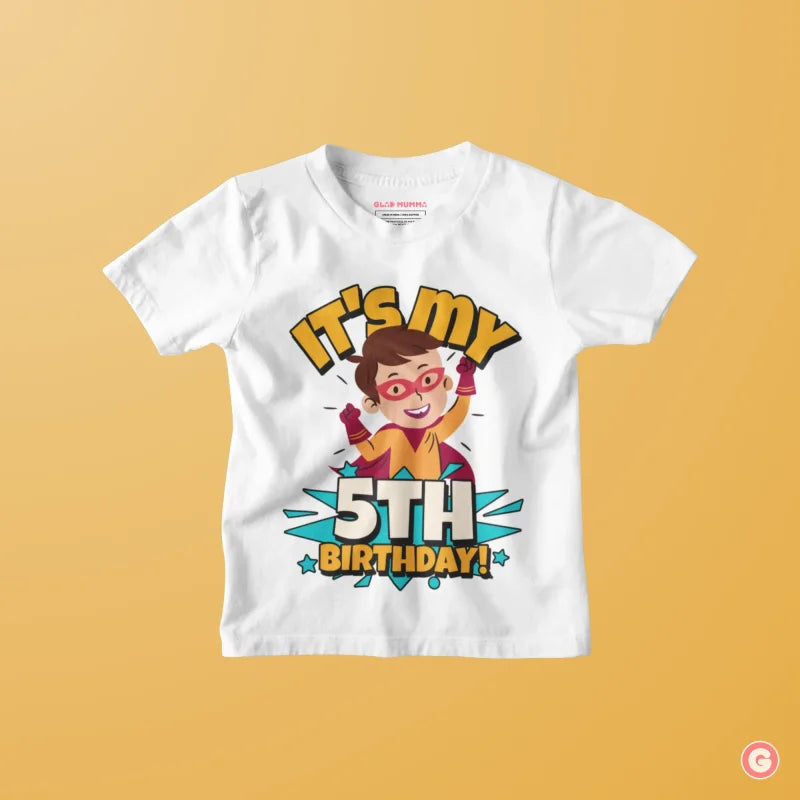 5th Birthday Superhero Kids Cotton T-Shirt - 4-5 Y / White - Tshirt