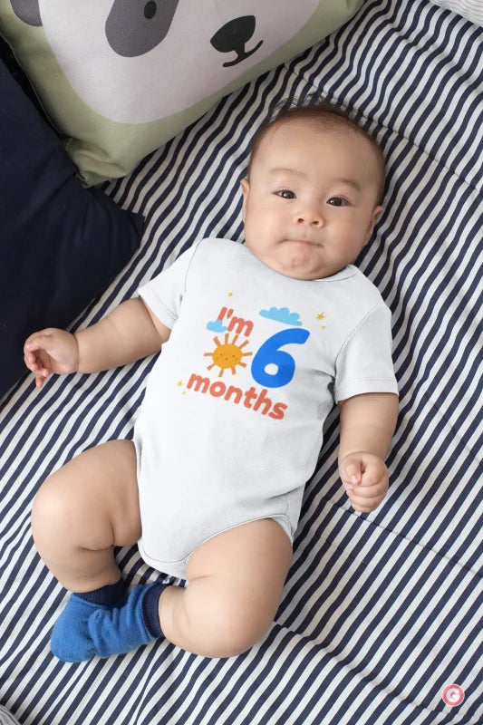 6 Month Milestone Soft Cotton Baby Onesie with Sun Design