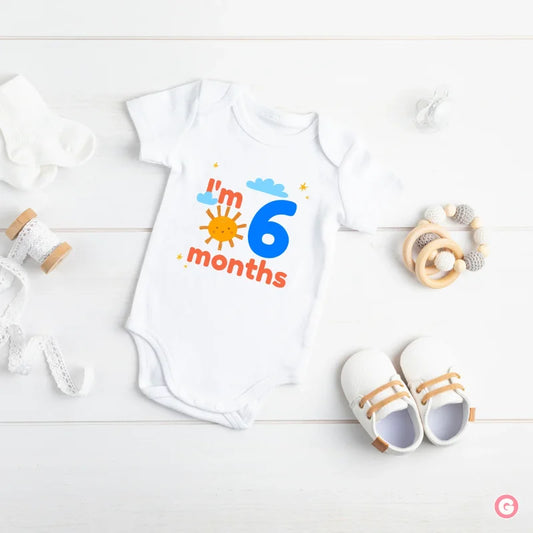 6 Month Milestone Soft Cotton Baby Onesie with Sun Design