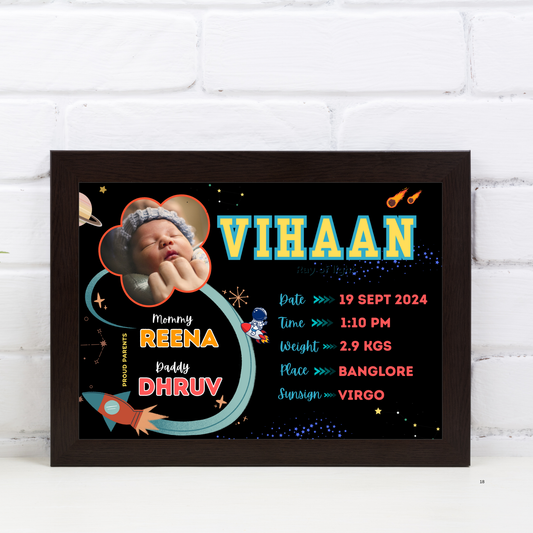 Baby Birth Detail Personalised Wall Art (Frame) | Space Theme