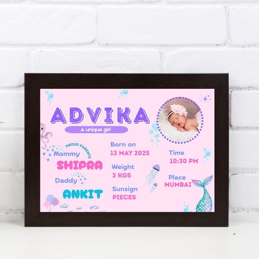 Baby Birth Detail Personalised Wall Art (Frame) | Under The Ocean