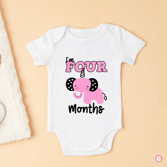 I’m Four Months Cotton Baby Onesie with Cute Elephant Design - 3-6 M