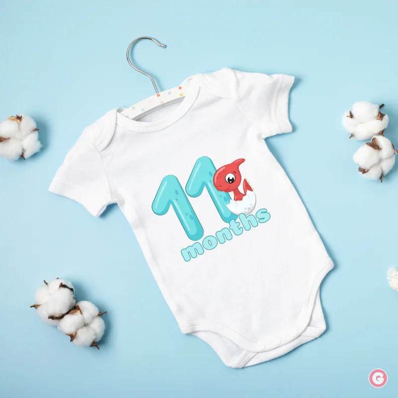 Monthly Birthday Cotton Baby Onesies - Dinosaur - 11 Months - Onesie