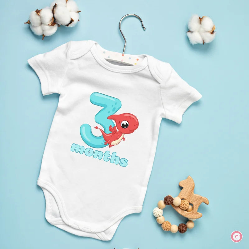 Monthly Birthday Cotton Baby Onesies - Dinosaur - 3 Months - Onesie