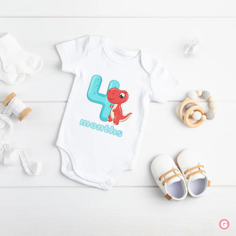Monthly Birthday Cotton Baby Onesies - Dinosaur - 4 Months - Onesie