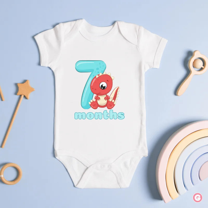 Monthly Birthday Cotton Baby Onesies - Dinosaur - 7 Months - Onesie