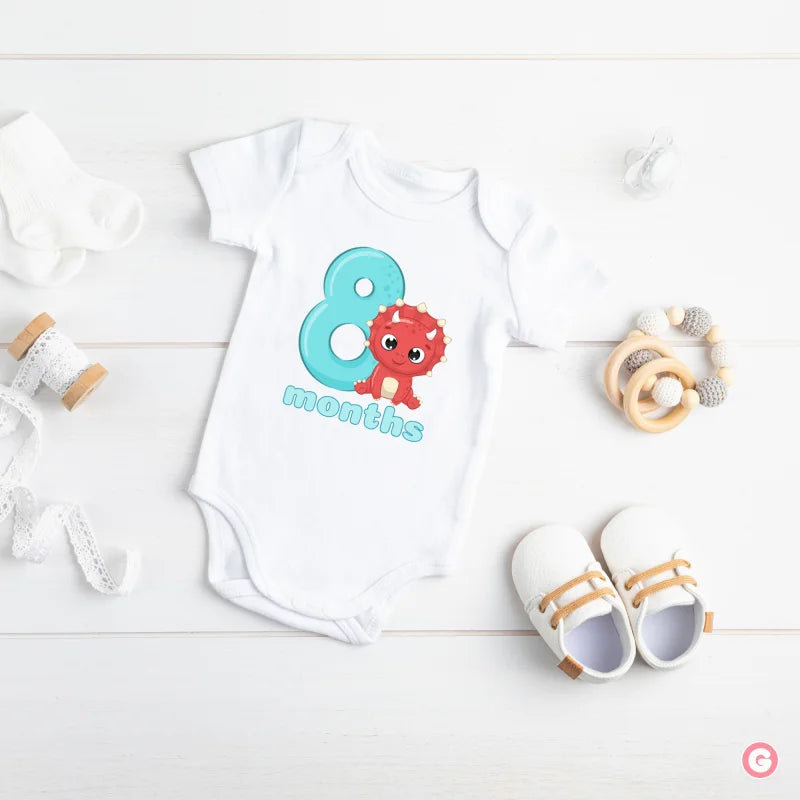 Monthly Birthday Cotton Baby Onesies - Dinosaur - 8 Months - Onesie