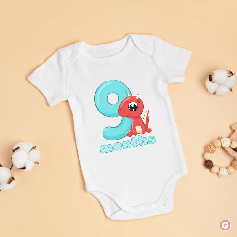 Monthly Birthday Cotton Baby Onesies - Dinosaur - 9 Months - Onesie